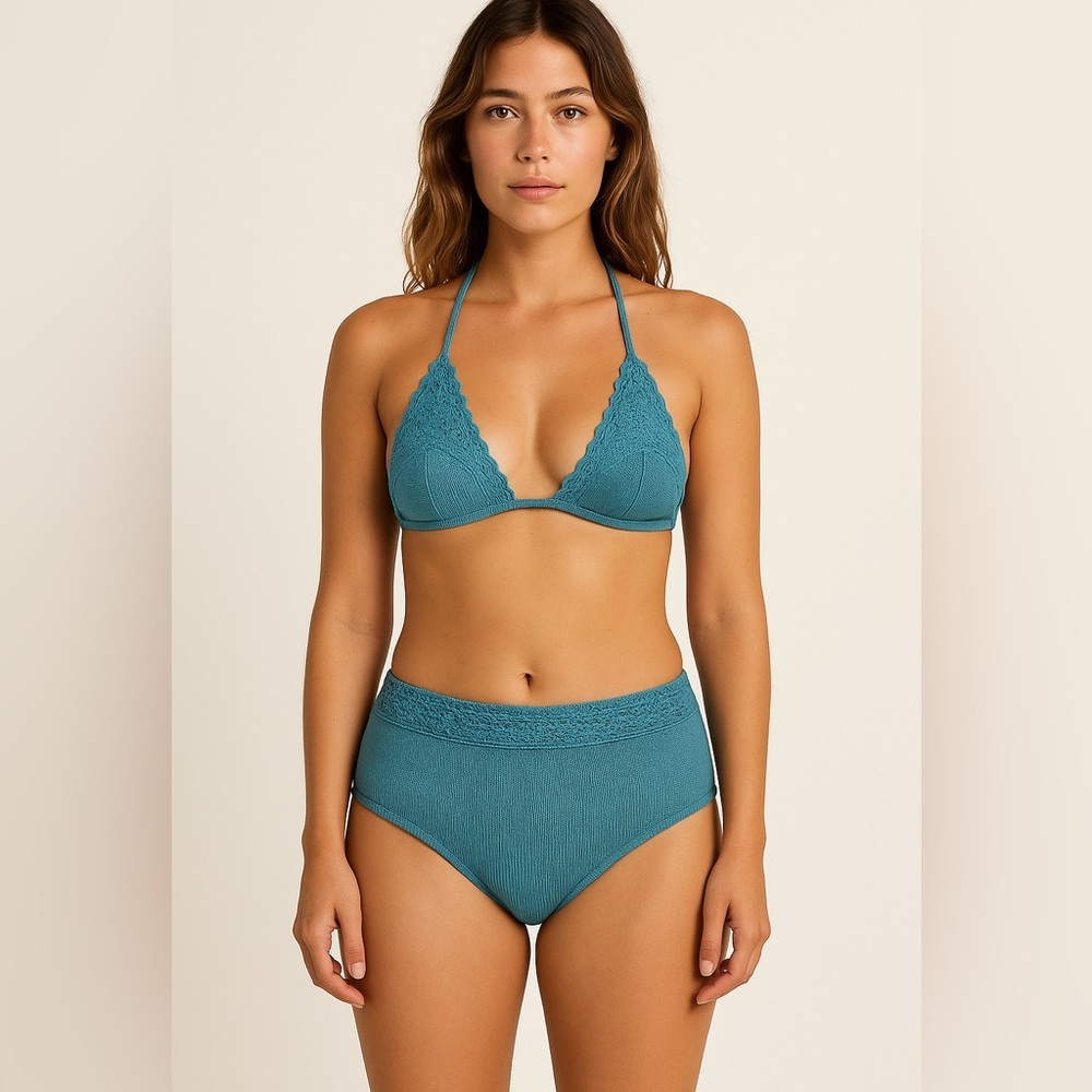 KNITSKIN Teal Knit Bikini Set Crochet Trim Vintage Hong Kong L